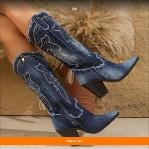 Retro Embroidered Denim Cowgirl Boots. Knee High Chunky Heals. 40” Calves